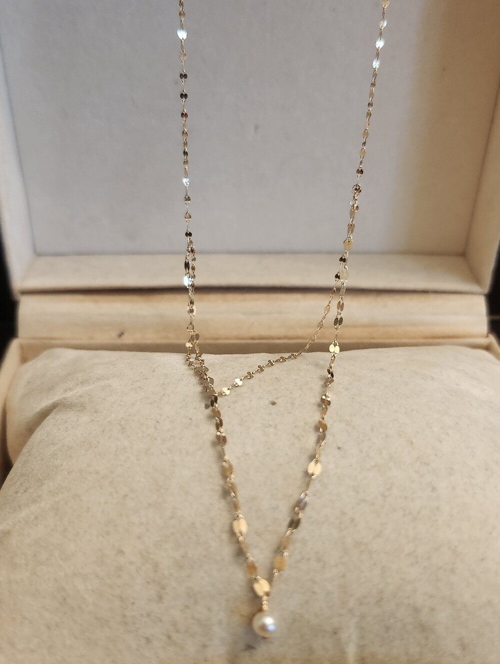 14kt Delicate Gold Chain Necklace with Pearl Drop - Women Jewelry